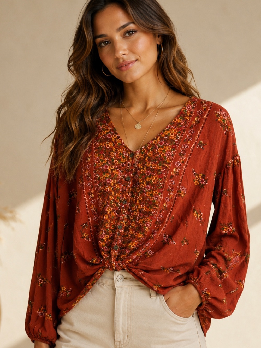 Blue Rain Rust Floral V-Neck Button-Front Blouse